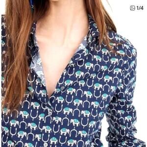 J. Crew Slim Perfect Shirt in Novelty Elephant Print Navy Size 8 Classic Preppy